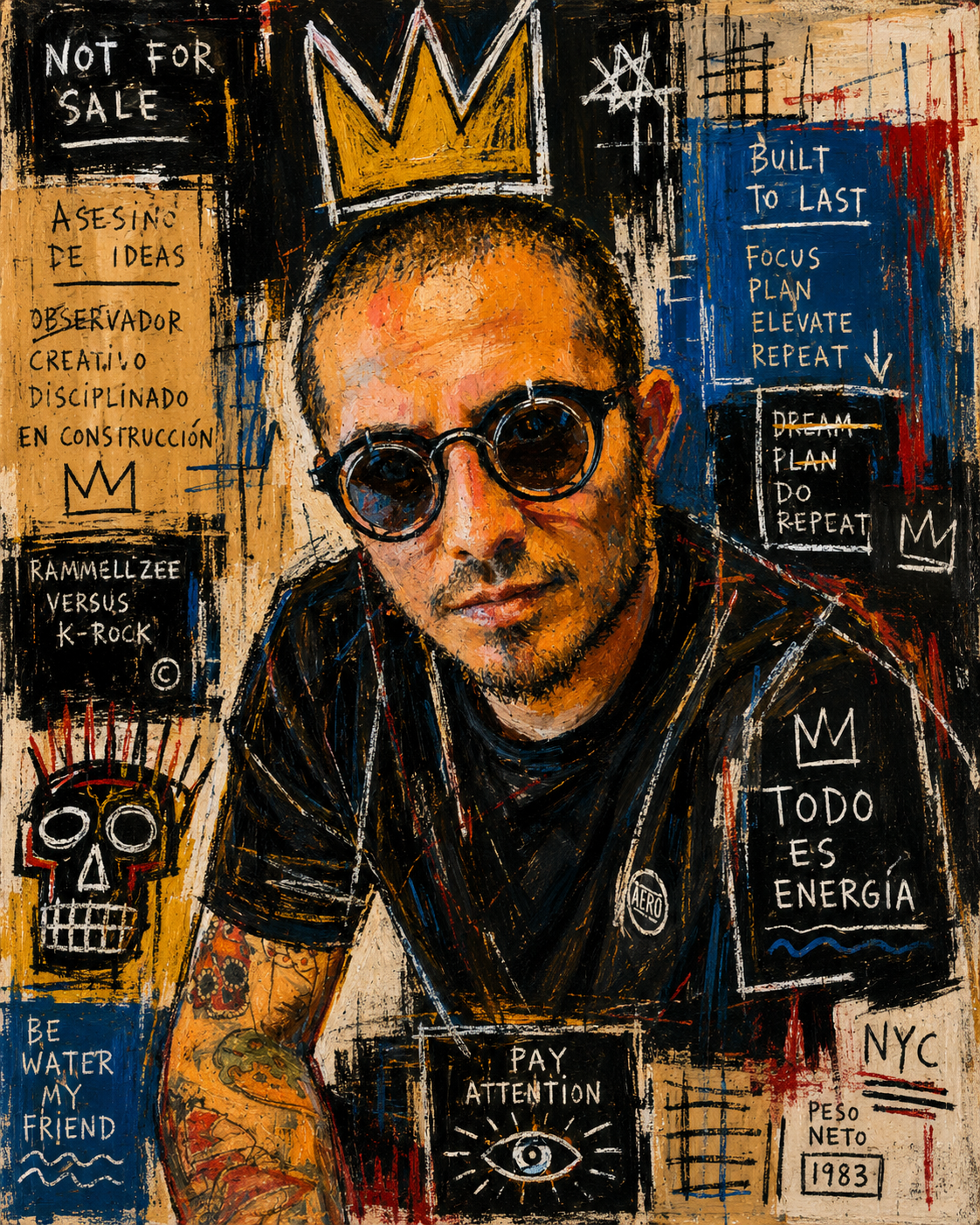 Retrato artístico de Iván, rodeado de pintura, anotaciones y una corona